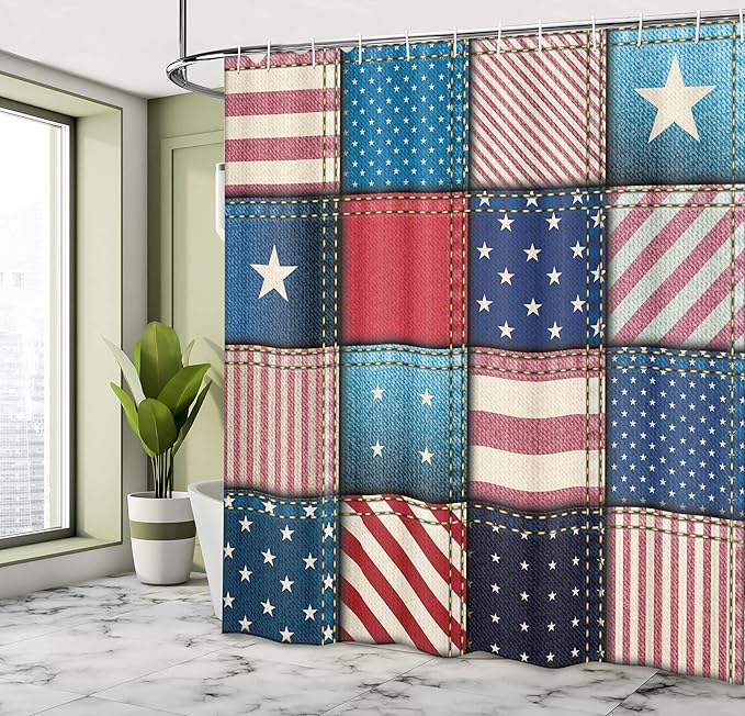Ambesonne United States Shower Curtain, American Flag Patchwork with Vertical and Horizontal Stripe and Star Forms, Cloth Fabric Bathroom Decor Set with Hooks, 69" W x 70" L, Aqua Red