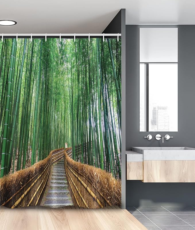Ambesonne Jungle Stall Shower Curtain, Tropical Nature Bridge Over Trees Exotic Landscape Forest Jungle Woods Design, Fabric Bathroom Decor Set with Hooks, 54" W x 78" L, Green Brown
