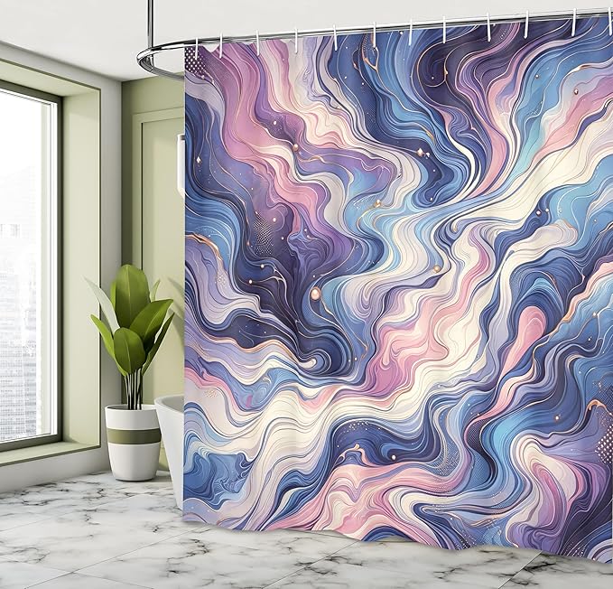 Ambesonne Purple Shower Curtain, Oil Paint Like Marble Print Warm Deep Tones Mystery of The Universe, Cloth Fabric Bathroom Decor Set with Hooks, 69" W x 70" L, Quartz Mustard Azure Blue