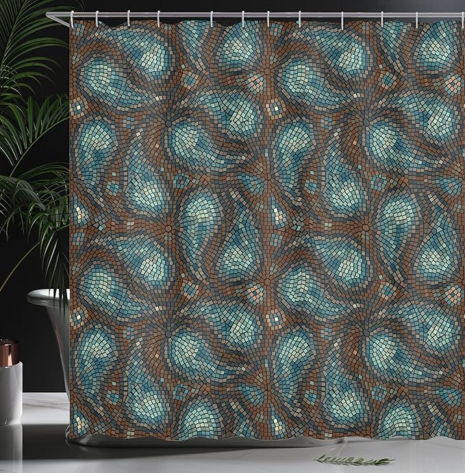 Ambesonne Paisley Shower Curtain, Modern Mosaic Like Circled Design with Teardrop Shaped Art Print, Cloth Fabric Bathroom Decor Set with Hooks, 69" W x 70" L, Brown Blue and Dark Blue