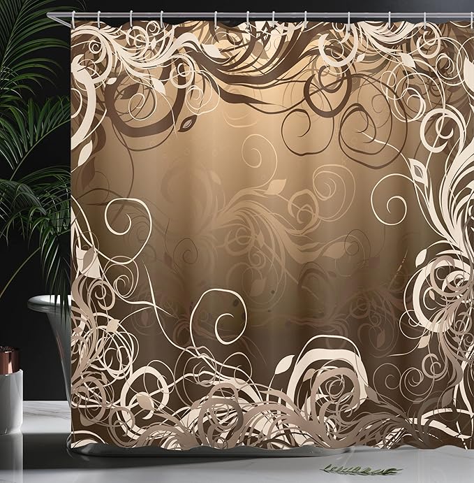 Ambesonne Abstract Shower Curtain, Mystic Forest Floral Swirls Leaves Nature Fading Ombre Effect Illustration, Cloth Fabric Bathroom Decor Set with Hooks, 69" W x 75" L, Caramel Brown