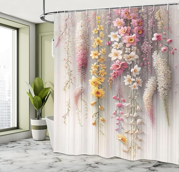 Ambesonne Spring Shower Curtain, Delicate and Romantic Arrange of Creeper Mesh Flowers Cascade Neutral Theme, Cloth Fabric Bathroom Decor Set with Hooks, 69" W x 70" L, Blush Yellow Pink
