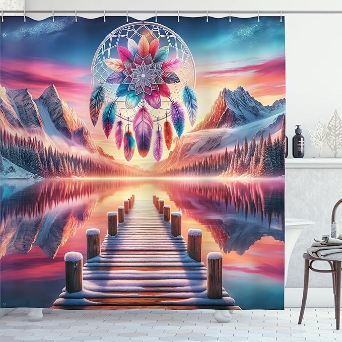 Ambesonne Lake Shower Curtain, Pure Wild Mountains Sunset Sky Dreamcatcher Feathers in Psychedelic Colors, Cloth Fabric Bathroom Decor Set with Hooks, 69" W x 84" L, Pink Peach and Teal