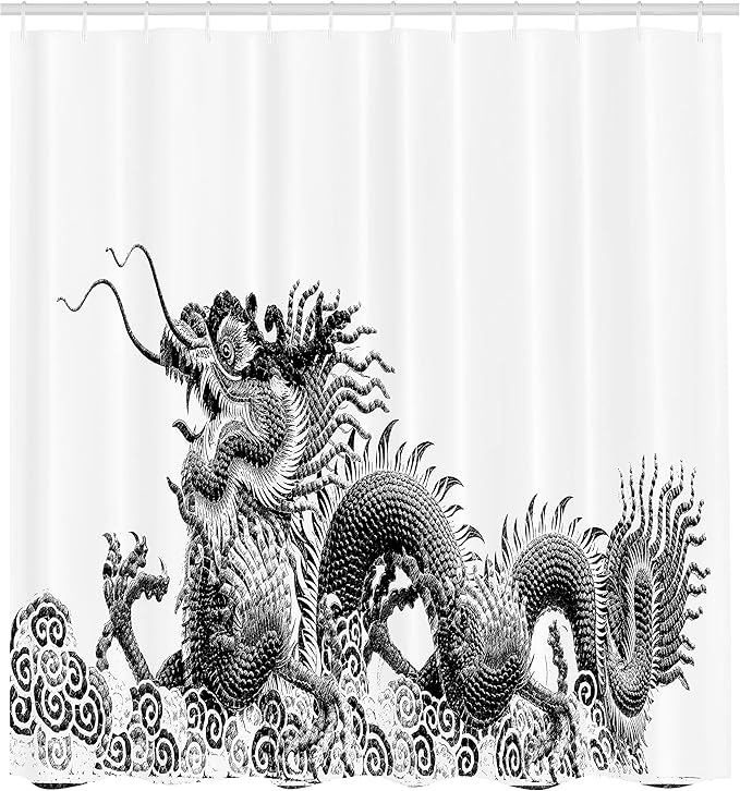 Ambesonne Dragon Shower Curtain, Traditional Chinese Dragon Symbolize Strength and Luck Powers Fantasy Graphic, Cloth Fabric Bathroom Decor Set with Hooks, 69" W x 75" L, White and Ink