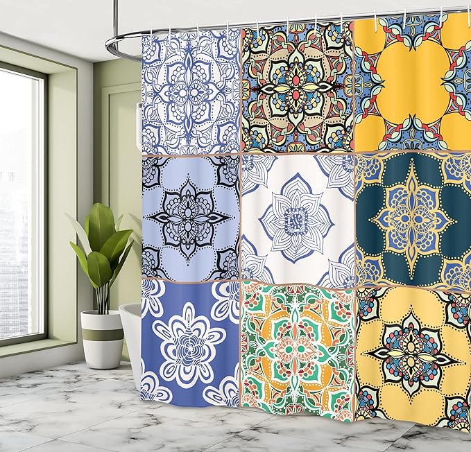 Ambesonne Moroccan Shower Curtain, Portuguese Tile Patterns Various Tones Textures Bohemian Print, Cloth Fabric Bathroom Decor Set with Hooks, 69" W x 70" L, White Soft Blue Night Blue