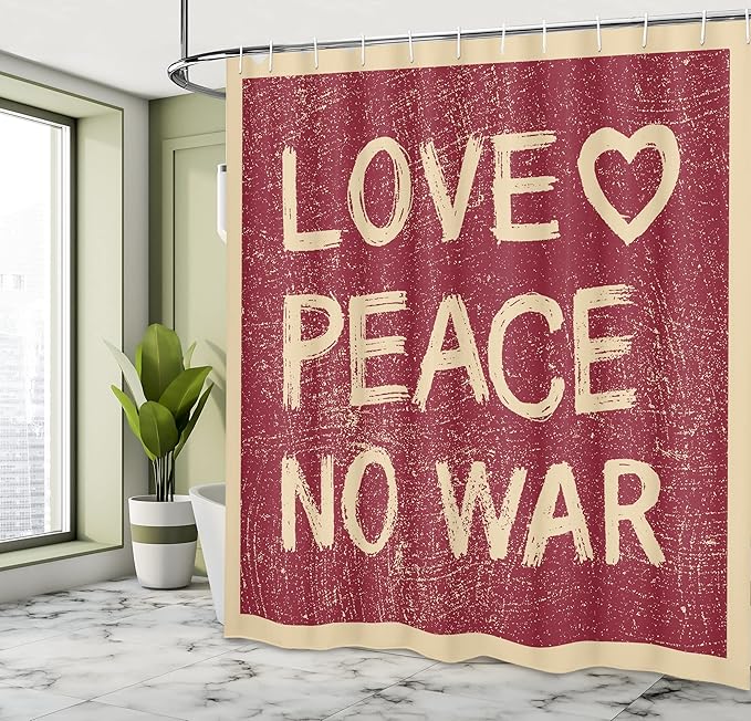 Ambesonne 1960s Shower Curtain, Love Peace Themed Text Pacifist Line Political Hippie Groovy Design, Cloth Fabric Bathroom Decor Set with Hooks, 69" W x 70" L, Redwood Pale Brown