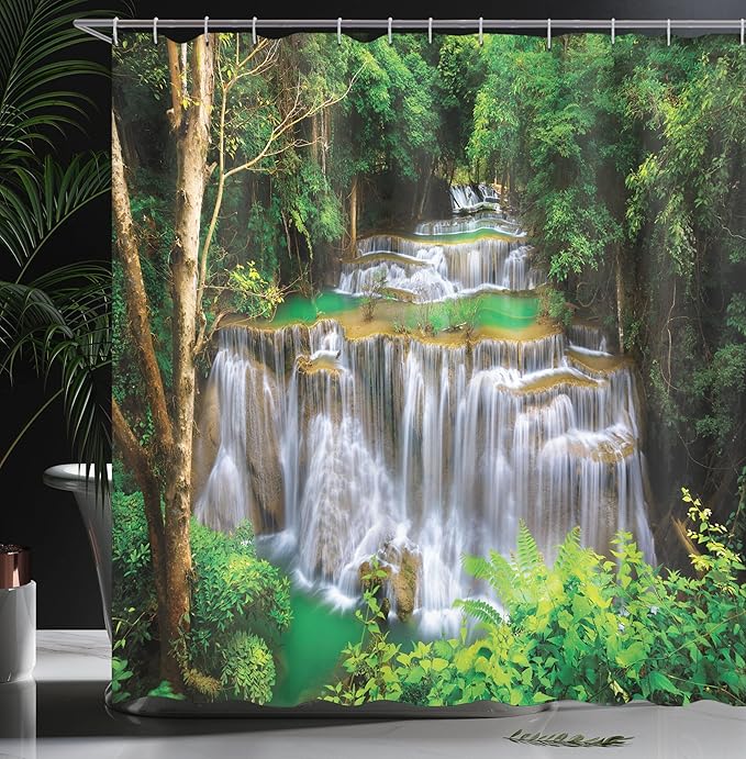 Ambesonne Waterfall Shower Curtain, View of Waterfall in Kanjanaburi Stream Crossing Forest, Cloth Fabric Bathroom Decor Set with Hooks, 69" W x 75" L, Green Pale Coffee White