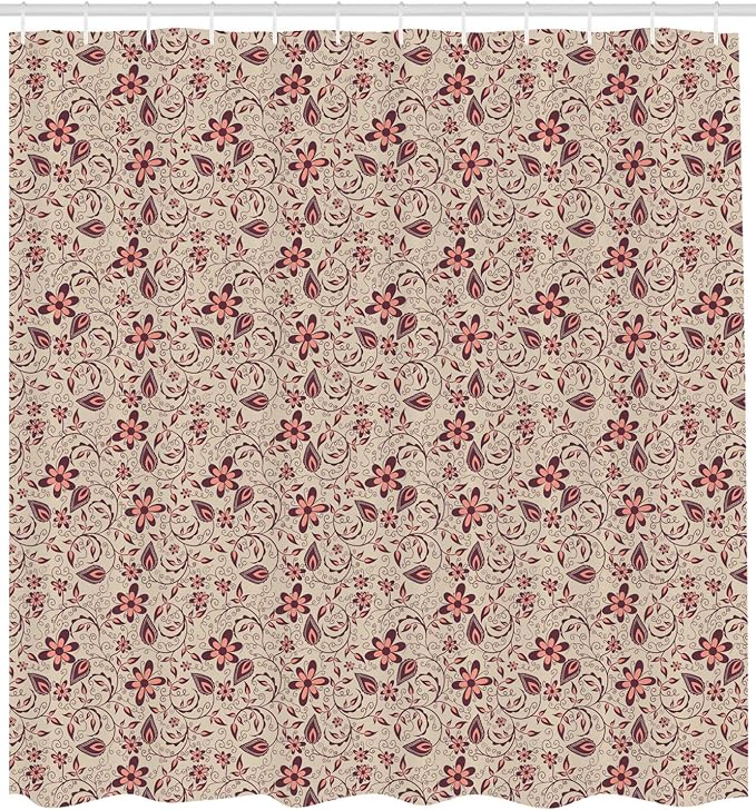 Ambesonne Floral Shower Curtain, Blossoming Spring Meadow Pattern in Retro Style with Curly Details, Cloth Fabric Bathroom Decor Set with Hooks, 69" W x 75" L, Tan Coral