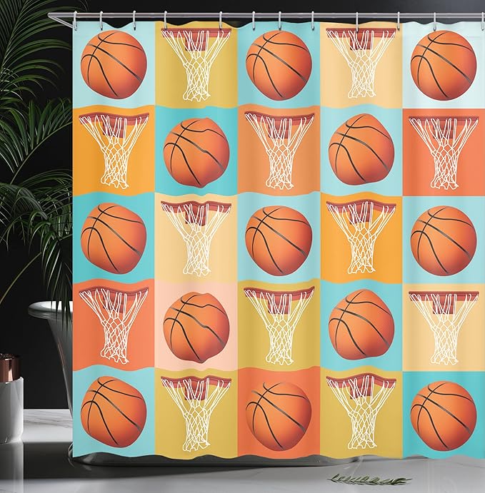 Ambesonne Sports Shower Curtain, Basketball Pattern Equipment NBA Theme Abstract Checked Illustration, Cloth Fabric Bathroom Decor Set with Hooks, 69" W x 70" L, Pale Blue Orange Red