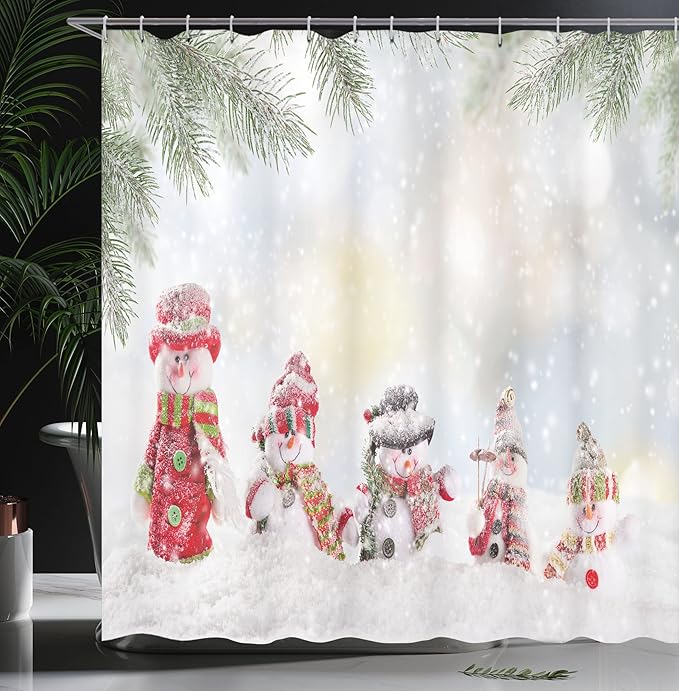 Ambesonne Christmas Shower Curtain, Depiction with Snowman and Falling Snow Ice Frozen Blizzard Themed Art Print, Cloth Fabric Bathroom Decor Set with Hooks, 69" W x 75" L, Red and White
