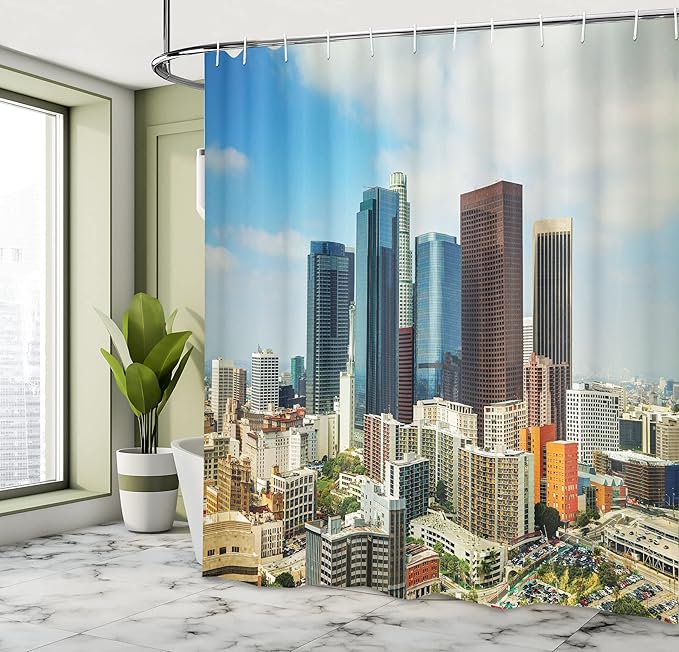 Ambesonne USA Shower Curtain, Los Angeles Cityscape on a Sunny Day Colorful Office High Rise Buildings Streets Scene, Cloth Fabric Bathroom Decor Set with Hooks, 69" W x 75" L, Blue Brown