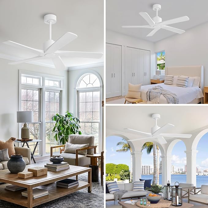WINGBO 48" DC Ceiling Fan No Light - 5 Carved Solid Wood Blades, 6-Speed Reversible DC Motor, Ceiling Fan without Lights for Living Room Bedroom Kitchen Patio, Indoor and Outdoor, Gloss White