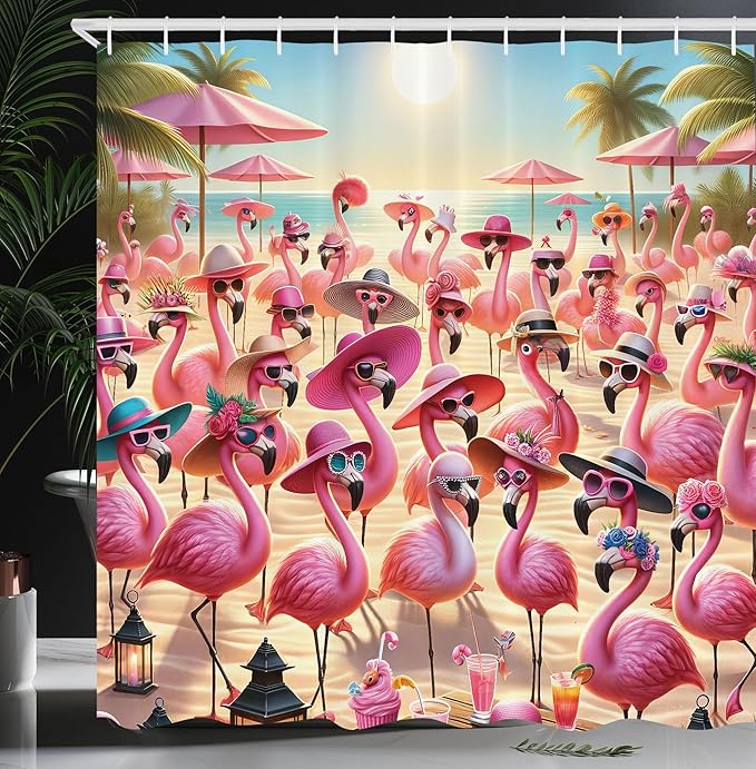 Ambesonne Flamingo Shower Curtain, Summer Beach with Tropical Birds with Sunny Hats and Sunglasses, Cloth Fabric Bathroom Decor Set with Hooks, 69" W x 70" L, Pink Beige and Pale Sky Blue