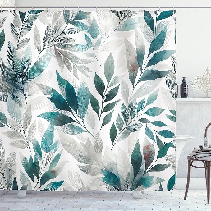 Ambesonne Teal Shower Curtain, Urban Jungle Theme Phantom of Leaves Greenery on Plain Back Dreamy Exotics, Cloth Fabric Bathroom Decor Set with Hooks, 69" W x 84" L, Purpleblue Petrol Blue