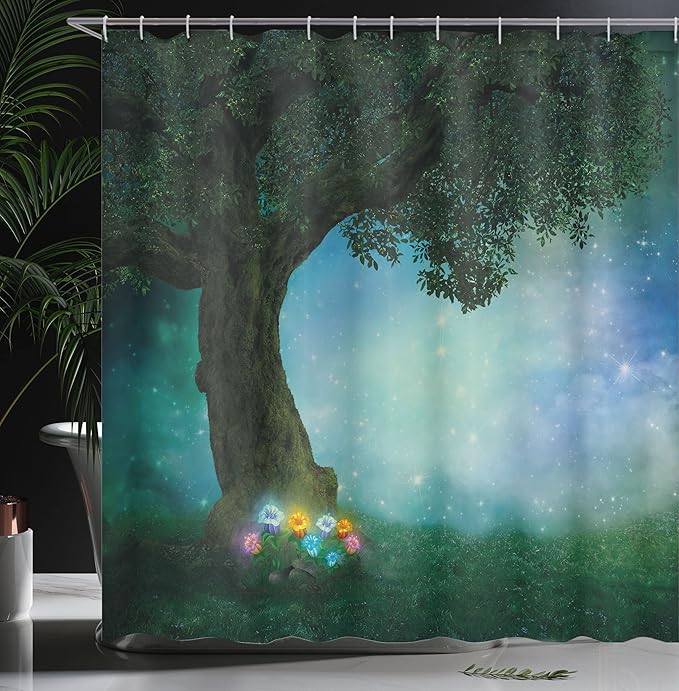 Ambesonne Forest Shower Curtain, Little Red Riding Hood Woodland at Night Flowers and Stars Image Print, Cloth Fabric Bathroom Decor Set with Hooks, 69" W x 75" L, Multicolor Forest Green