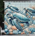 Ambesonne Turtle Shower Curtain, Underwater Corals and Loggerheads Sea Animals on Stripes Nautical Marine, Cloth Fabric Bathroom Decor Set with Hooks, 69" W x 84" L, Salmon and Sea Blue