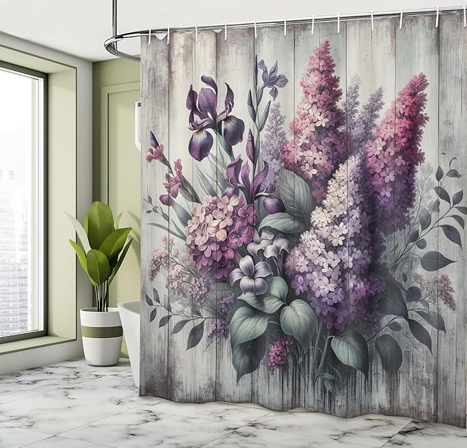 Ambesonne Lavender Shower Curtain, Nostalgia Farmhouse Blooming Iris Floral Purplish with Leaves Greenery, Cloth Fabric Bathroom Decor Set with Hooks, 69" W x 84" L, Dark Cadet Blue Indigo