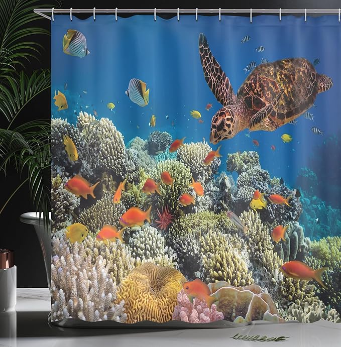 Ambesonne Ocean Shower Curtain, Fishes Old Turtle Hawksbill Floats Under Water Coral Reefs Dahab Red Sea, Cloth Fabric Bathroom Decor Set with Hooks, 69" W x 75" L, Orange Brown