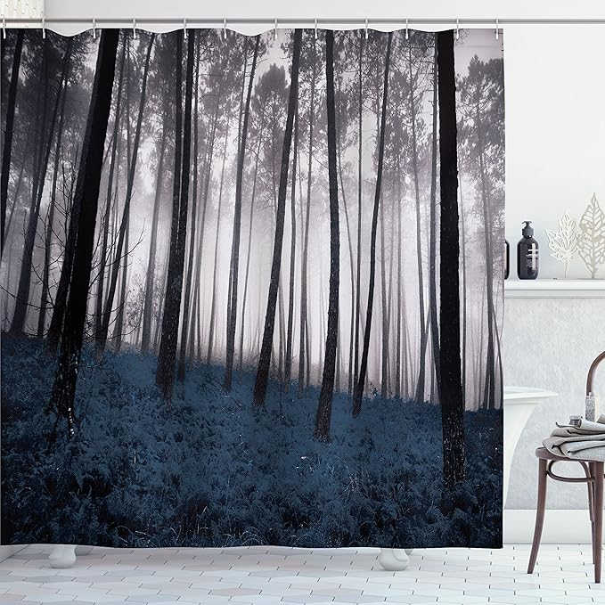 Ambesonne Forest Shower Curtain, Mystical Fantasy Woodland Under Heavy Fog Tall Trees Bushes Contrast Colors, Cloth Fabric Bathroom Decor Set with Hooks, 69" W x 84" L, Petrol Black