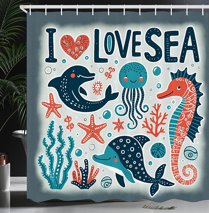 Ambesonne Nautical Shower Curtain, I Love Sea Lettering Happy Ocean Scenario Seahorse Dolphin Jellyfish Funny, Cloth Fabric Bathroom Decor Set with Hooks, 69" W x 70" L, Blue Coral Coconut