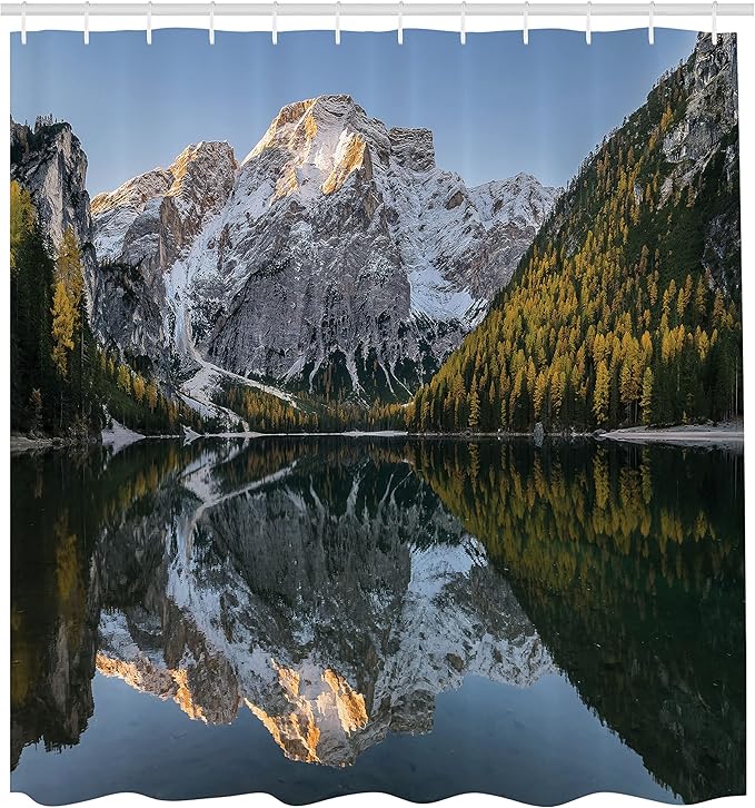 Ambesonne Nature Shower Curtain, Projecting Mountain Image in Lake with Ice Tops South Italian Fantasy Place Photo, Cloth Fabric Bathroom Decor Set with Hooks, 69" W x 84" L, Grey Green