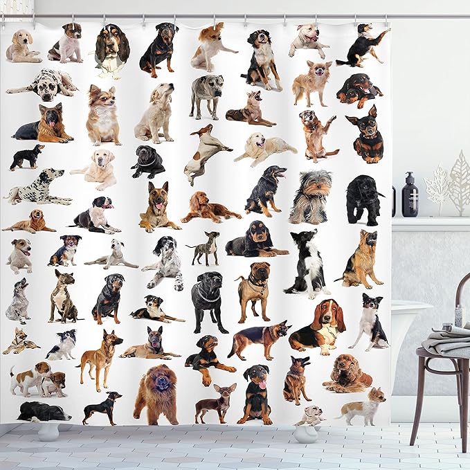 Ambesonne Dog Lover Shower Curtain, Composite Picture with Dogs Australian Sheepdog Belgian Boxer Italian Mastiff, Cloth Fabric Bathroom Decor Set with Hooks, 69" W x 84" L, Brown Black