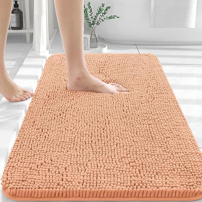 OLANLY Large Bathroom Rugs 45x27, Extra Soft Absorbent Chenille Bath Rugs, Rubber Backing Quick Dry, Machine Washable Bath Mats for Bathroom Floor, Tub and Shower, Home Decor Accessories, Peach