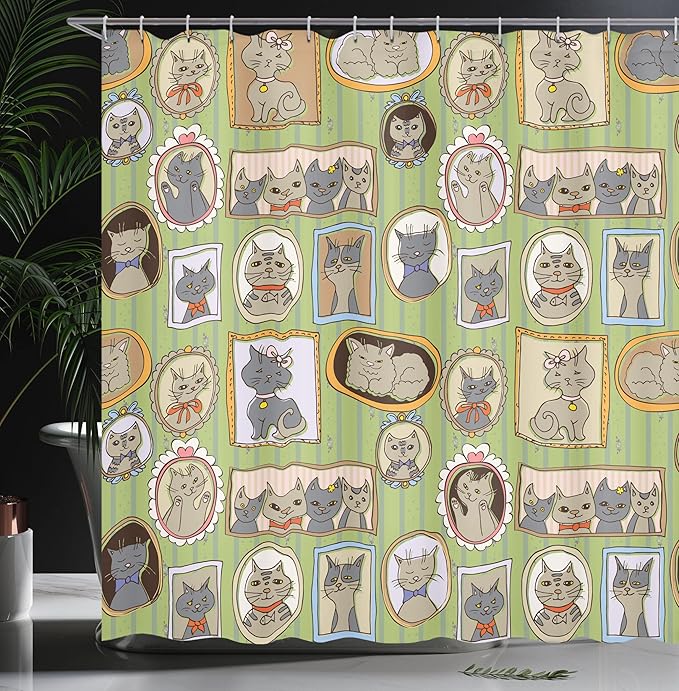 Ambesonne Cat Lover Shower Curtain, Framed Pictures of Cats on The Wall Memories Moments, Cloth Fabric Bathroom Decor Set with Hooks, 69" W x 75" L, Green Amber
