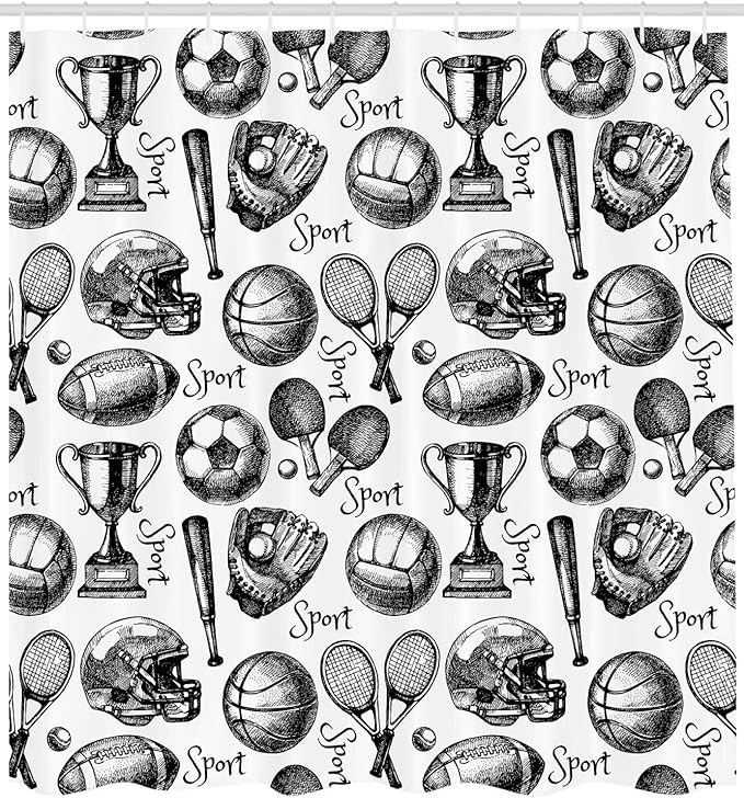 Ambesonne Sports Shower Curtain, Vintage Sketch Art Hobby Pattern of Balls Competition Themed Summer Ping Pong Schoolyard Print, Cloth Fabric Bathroom Decor Set with Hooks, 69" W x 84" L, Black White