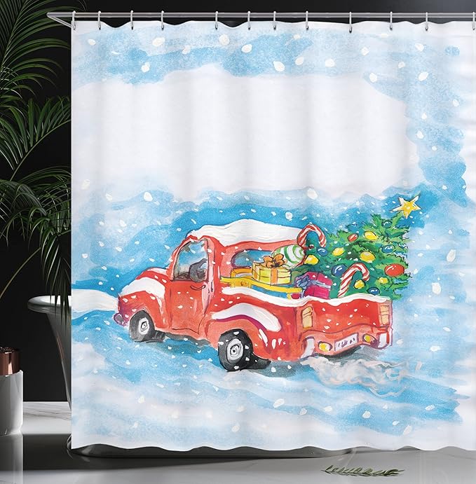 Ambesonne Christmas Shower Curtain, Cloth Fabric Bathroom Decor Set with Hooks, Snowy Winter Scene, 69" W x 70" L, Blue White Red