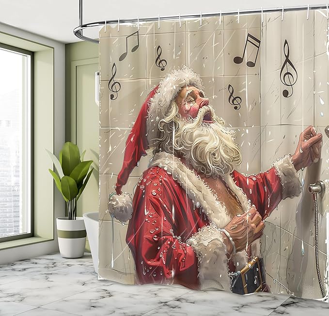 Ambesonne Christmas Shower Curtain, Vintage Illustration of Santa Claus Singing in The Shower Xmas Theme, Cloth Fabric Bathroom Decor Set with Hooks, 69" W x 75" L, Camel Beige Hot Pink