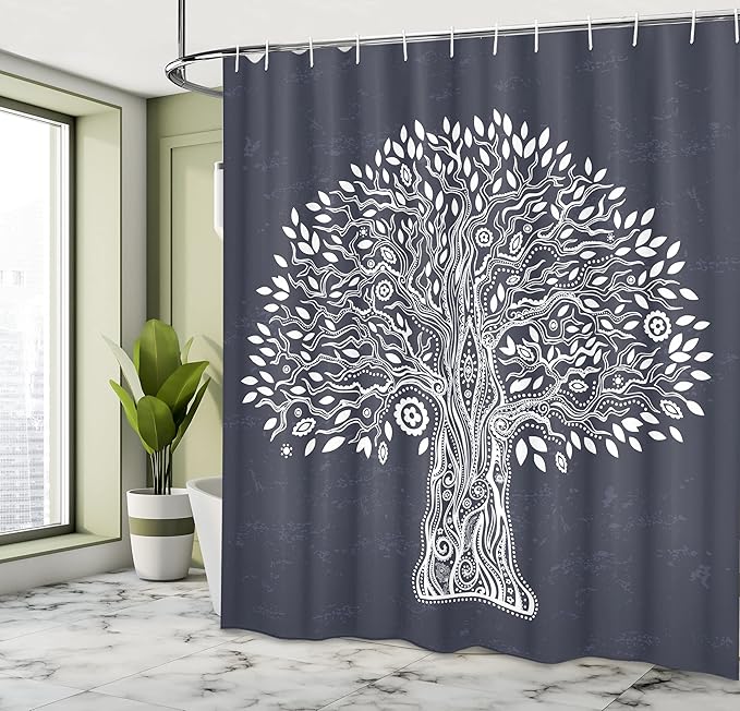 Ambesonne Tree of Life Shower Curtain, Doodle Tree Illustration Oriental Harmonious Design Mother Nature, Cloth Fabric Bathroom Decor Set with Hooks, 69" W x 75" L, Grey White