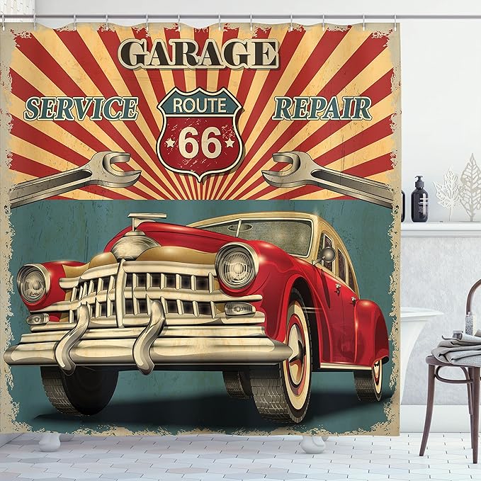 Ambesonne Americana Shower Curtain, Vintage Garage Repair Shop and Advertising of The Automobile Rustic Style Vehicle Nostalgic Retro Art, Cloth Fabric Bathroom Set with Hooks, 69" W x 70" L, Teal