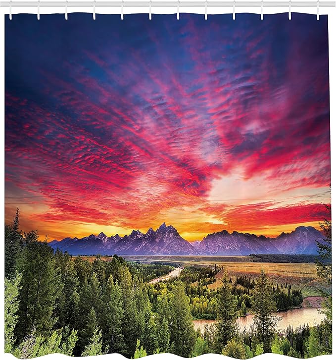 Ambesonne Landscape Shower Curtain, Colorful Skyline with Clouds in The Forest Lake River Mountain Landscape Sunburst, Cloth Fabric Bathroom Decor Set with Hooks, 69" W x 70" L, Hot Pink