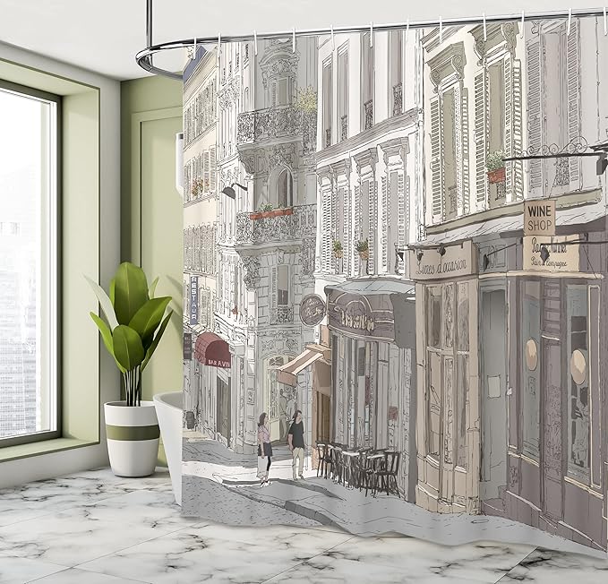 Ambesonne Paris Shower Curtain, Montmartre Paris Characteristics Honeymoon Traveling Tourists Illustration Art, Cloth Fabric Bathroom Decor Set with Hooks, 69" W x 84" L, Taupe Grey