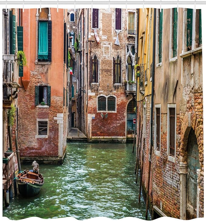 Ambesonne Venice Shower Curtain, Italian City on Water Historical Landmark Famous Streets Houses Gondolas Europe, Cloth Fabric Bathroom Decor Set with Hooks, 69" W x 75" L, Green Salmon