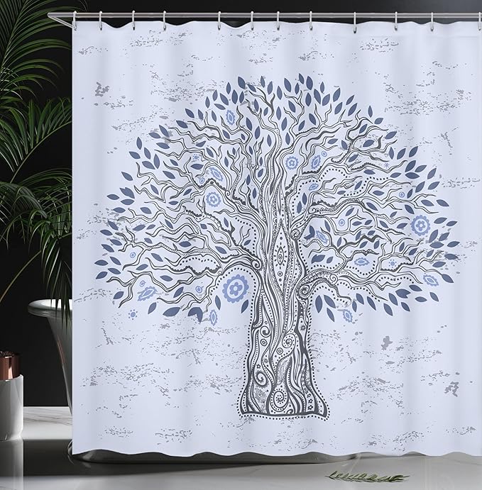 Ambesonne Tree of Life Shower Curtain, Doodle Tree Illustration Oriental Harmonious Design Mother Nature, Cloth Fabric Bathroom Decor Set with Hooks, 69" W x 70" L, Blue