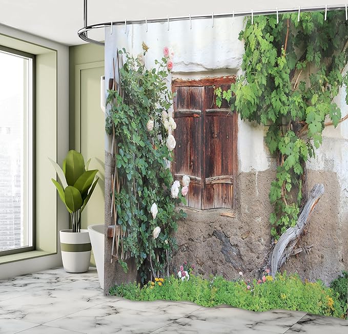 Ambesonne Shutters Shower Curtain, Old Windows with Wooden Shutters Roses and Wine Country House Backyard, Cloth Fabric Bathroom Decor Set with Hooks, 69" W x 84" L, White Brown