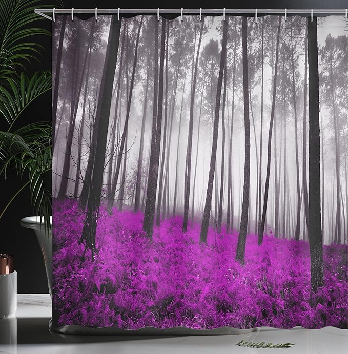 Ambesonne Forest Shower Curtain, Mystical Fantasy Woodland Under Heavy Fog Tall Trees Bushes Contrast Colors, Cloth Fabric Bathroom Decor Set with Hooks, 69" W x 75" L, Fuchsia Black