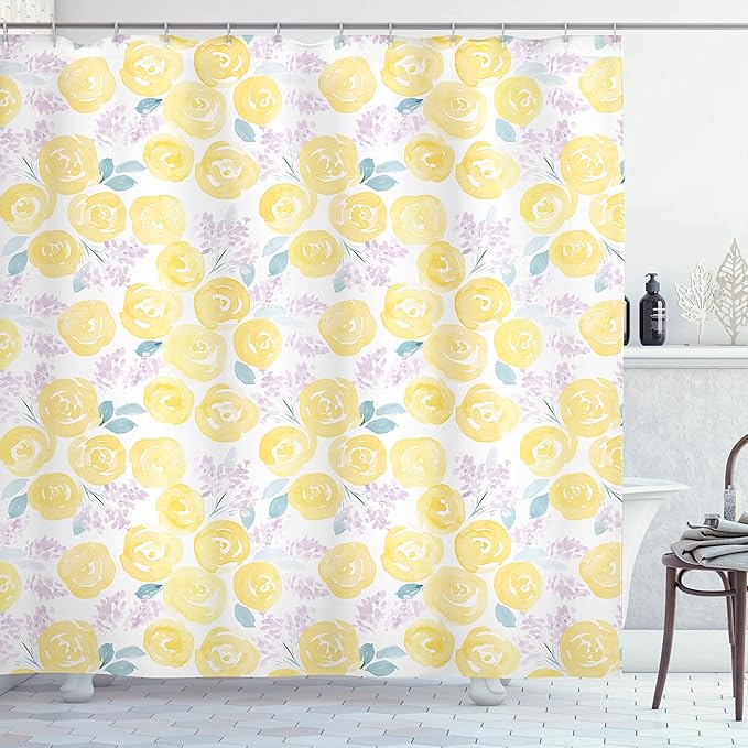 Ambesonne Watercolor Flower Shower Curtain, The Roses and Little Flowers with a Paint Effect of Floral Vintage Style of an Artwork, Cloth Fabric Bathroom Set with Hooks, 69" W x 70" L, Yellow Lilac
