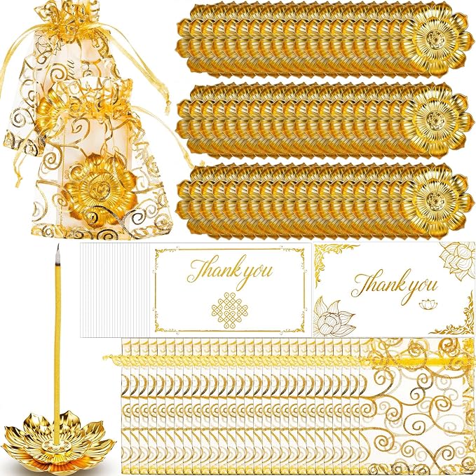 LemonRoad 80 Sets Indian Return Gifts for Pooja Bulk, Diwali Gifts Bulk, Lotus Incense Holder, Gold Double Layer Design with Organza Bags and Thank You Cards, Ideal for Festivals, Yoga and Spa