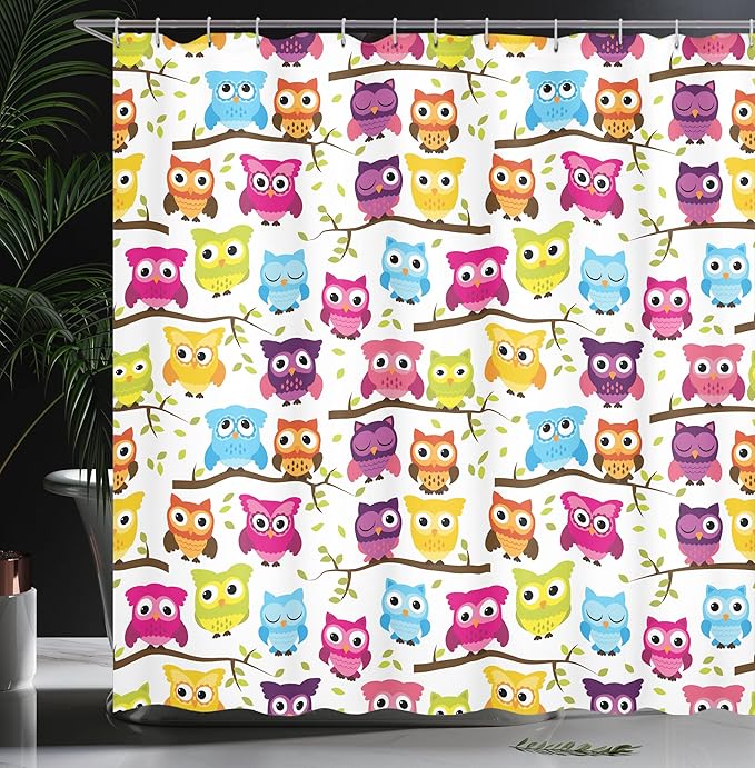 Ambesonne Owls Shower Curtain, Owls in The Forest Woodland Celebration Friendship Togetherness Themed Artwork Print, Cloth Fabric Bathroom Decor Set with Hooks, 69" W x 75" L, Green Magenta