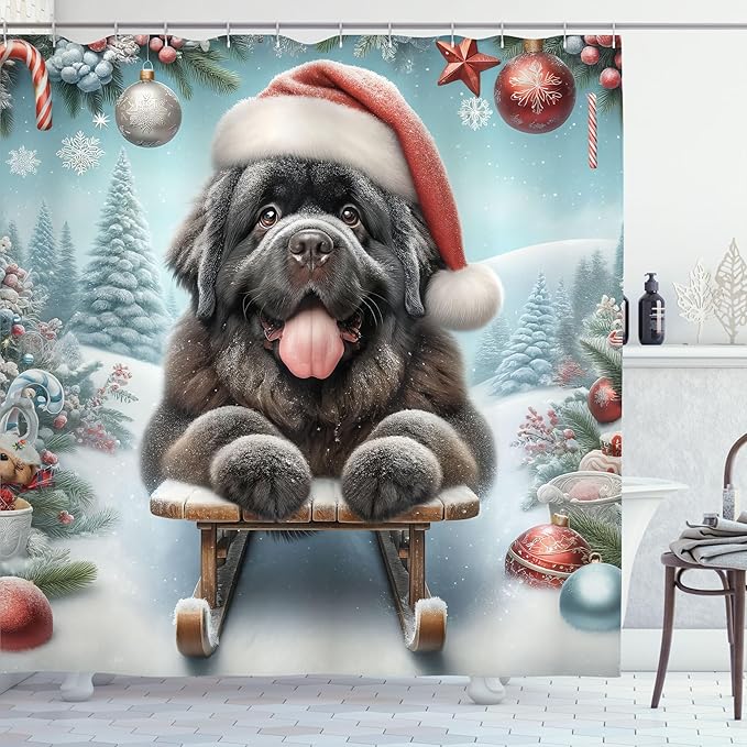 Ambesonne Christmas Shower Curtain, Happy Newfoundland Dog with a Santa Hat Sledding on a Snowy Hill, Cloth Fabric Bathroom Decor Set with Hooks, 69" W x 75" L, Dark Grey and Pale Blue