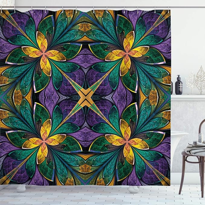 Ambesonne Fractal Shower Curtain, Antique Ornate Symmetric Stained Glass Mosaic Window Style Floral Tile Pattern, Cloth Fabric Bathroom Decor Set with Hooks, 69" W x 84" L, Green Purple