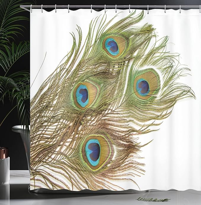 Ambesonne Peacock Shower Curtain, Macro Peacock Tail Feather Like Third Eyes Vitality New Life Path Awakening Print, Cloth Fabric Bathroom Decor Set with Hooks, 69" W x 75" L, White Green