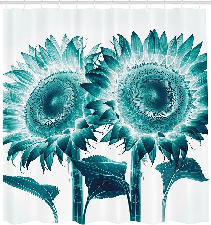 Ambesonne Teal Shower Curtain, Futurist Sunflowers Illustration with Dreamy Cyberworld Colors Fantasy, Cloth Fabric Bathroom Decor Set with Hooks, 69" W x 75" L, Seafoam Petrol Blue White