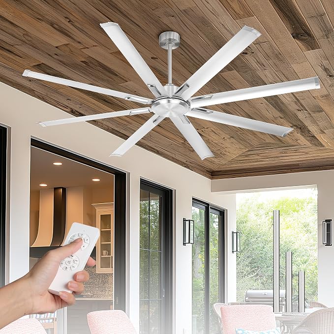 72 Inch Industrial Ceiling Fan Without Light, Brushed Nickel Outdoor Model for Covered Areas, 8 Aluminum Blades, Powerful Airflow, Modern No-Light Design, CF04NBN-72