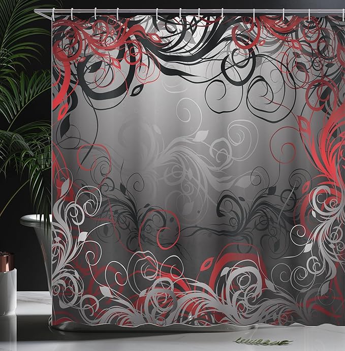 Ambesonne Abstract Shower Curtain, Mystic Forest Floral Swirls Leaves Nature Fading Ombre Effect, Cloth Fabric Bathroom Decor Set with Hooks, 69" W x 75" L, Charcoal Ruby