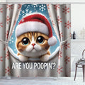 Ambesonne Christmas Shower Curtain, Curious Kitten with Xmas Hat Asks are You Poopin with Falling Snowflakes, Cloth Fabric Bathroom Decor Set with Hooks, 69" W x 70" L, Brown Coconut Ruby