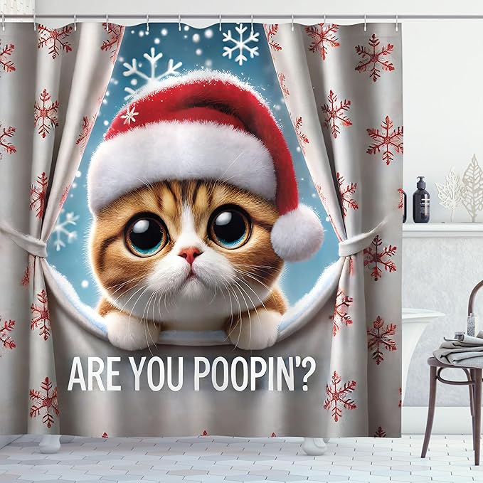 Ambesonne Christmas Shower Curtain, Curious Kitten with Xmas Hat Asks are You Poopin with Falling Snowflakes, Cloth Fabric Bathroom Decor Set with Hooks, 69" W x 75" L, Brown Coconut Ruby